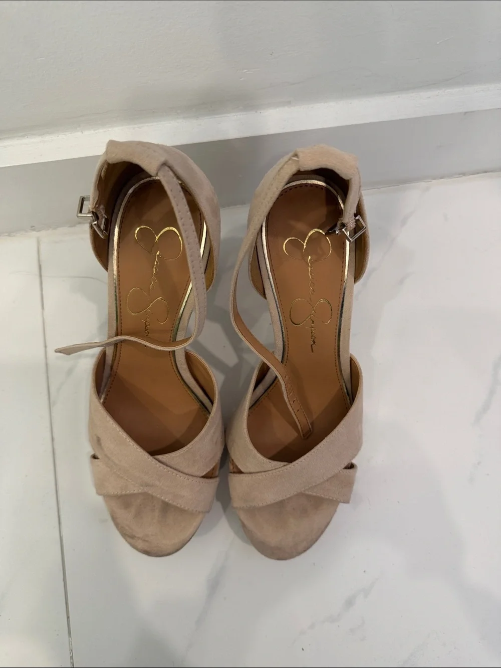 Jessica Simpson Suede Platform Ankle-Strap Heels in Beige